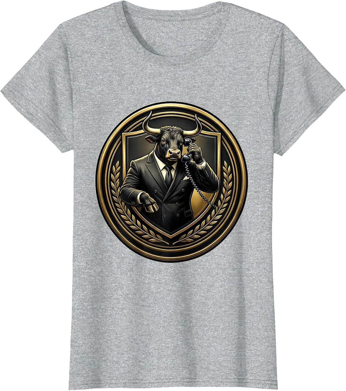Bull in Business Suit Holding Phone Graphic T-Shirt - Heather Grey