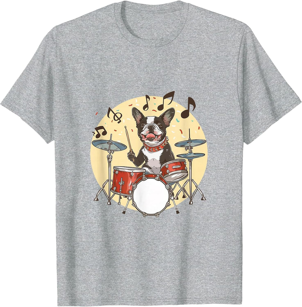 Boston Terrier Dog Playing The Drums Musician Dog Rock Band T-Shirt - Heather Grey
