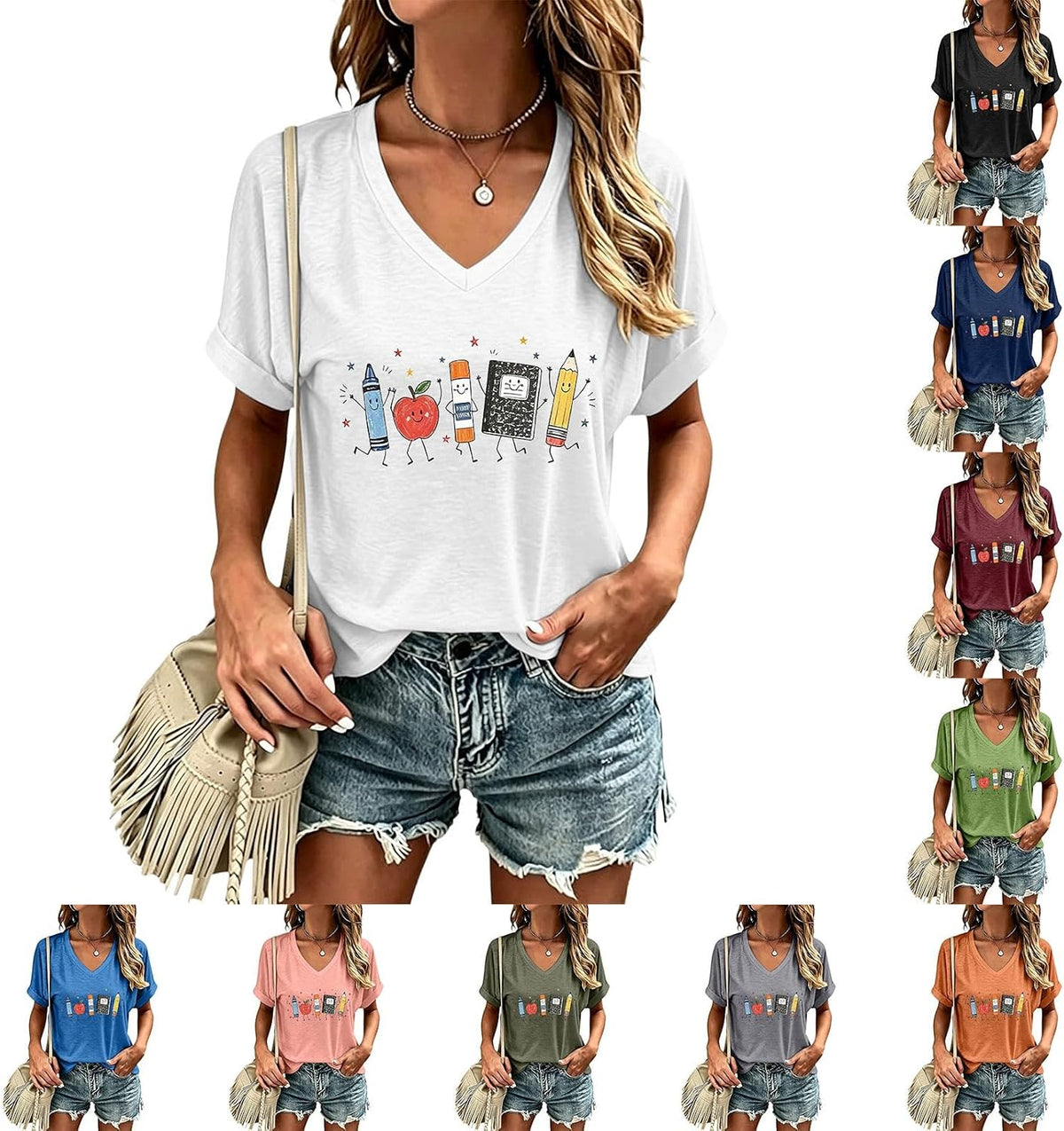 Back to School Supplies Graphic T-Shirt Teacher Life Shirt for Women - White