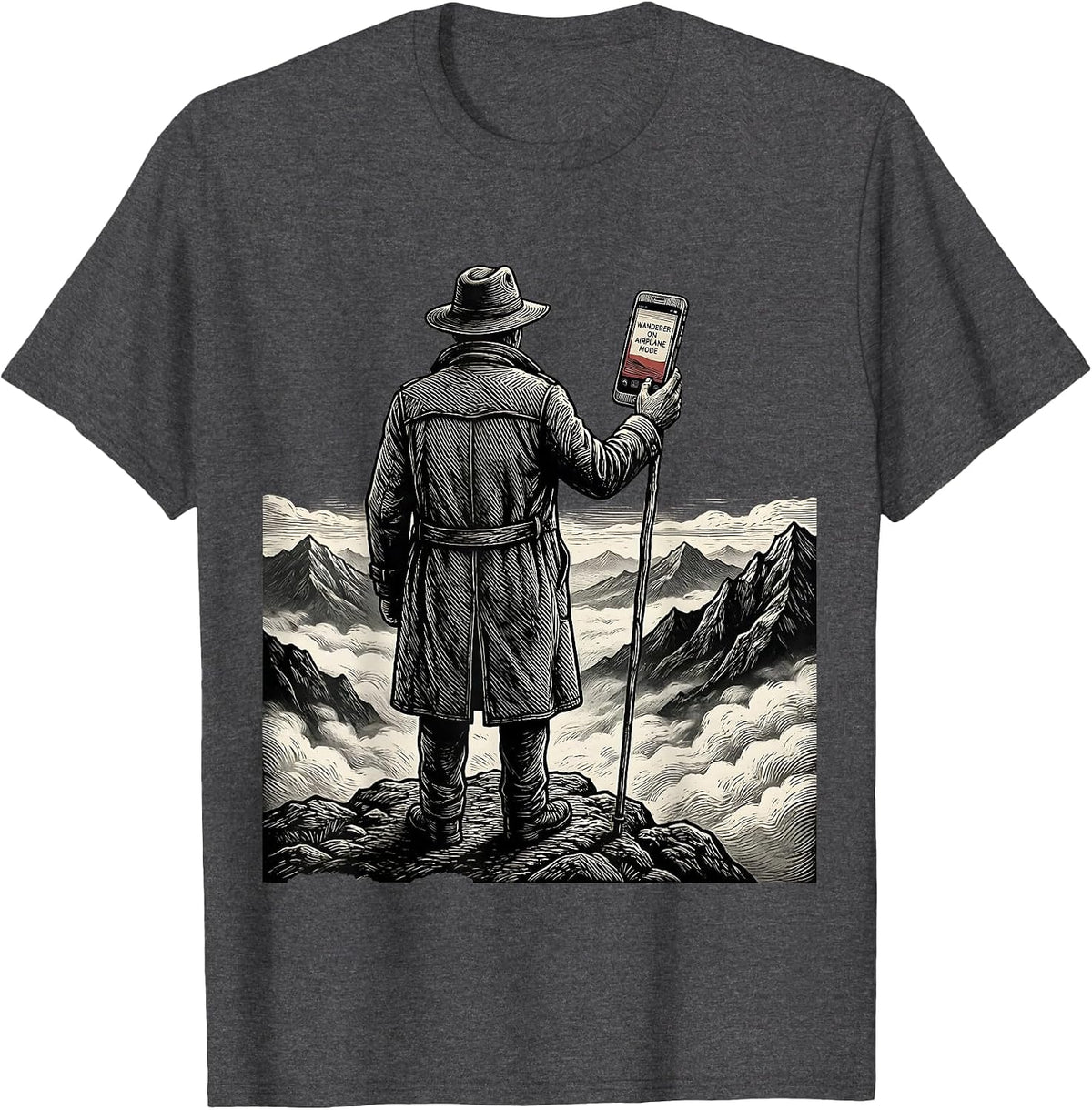 Men's Wanderer On Airplane Mode Woodcut Engraving Art History T-Shirt - Dark Heather Grey