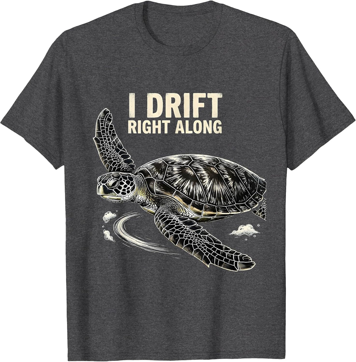 Men's I Drift Right Along Scratchboard Sea Turtle Tropical T-Shirt - Dark Heather Grey