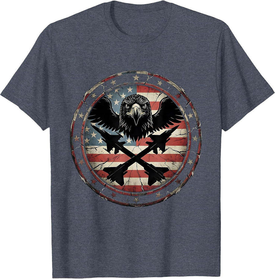 Eagle Head Crossed Fighter Jets Military Graphic T-Shirt - Heather Blue