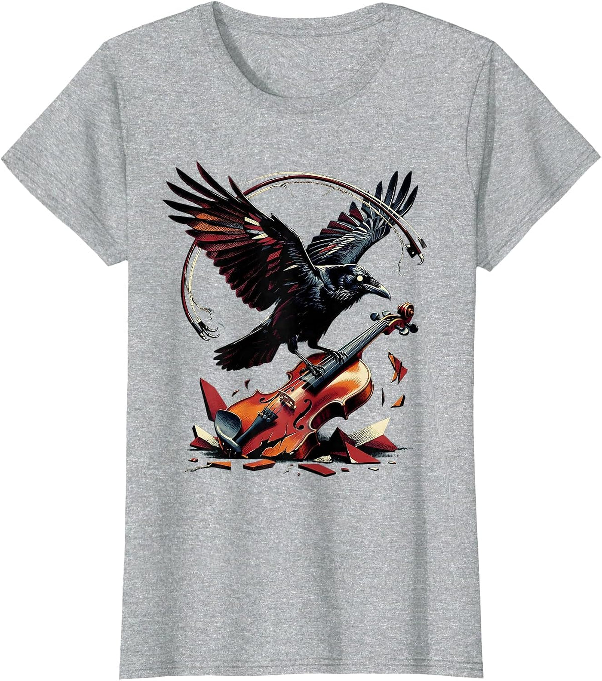 Women's Raven on Broken Violin Strings Graphic T-Shirt - Heather Grey