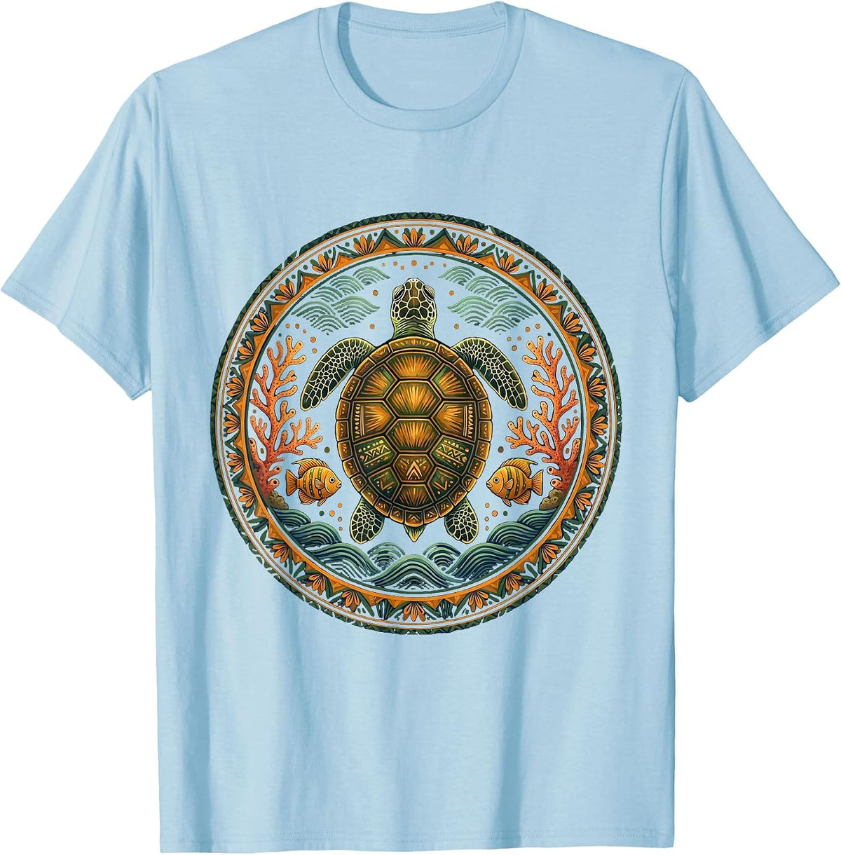 Men's Sea Turtle Coral Reef Hawaiian Ocean Art T-Shirt - Baby Blue