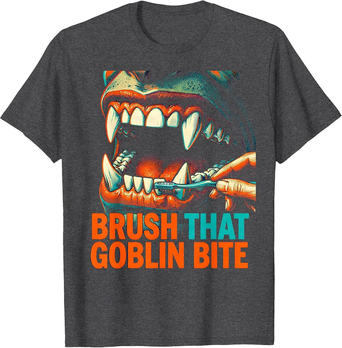 Brush That Goblin Bite Risograph Dental Hygienist Halloween T-Shirt - Dark Heather Grey