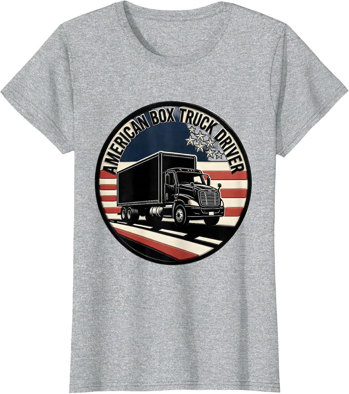 Women's American Box Truck Driver Patriotic Trucker Pride Linocut T-Shirt - Heather Grey