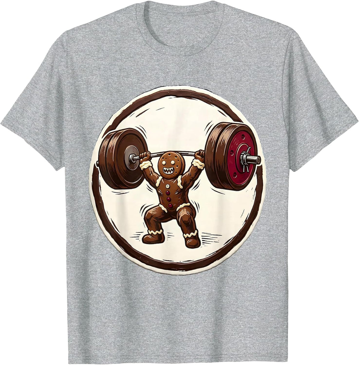 Men's Gingerbread Weightlifting Linocut Humor Gym Novelty T-Shirt - Heather Grey