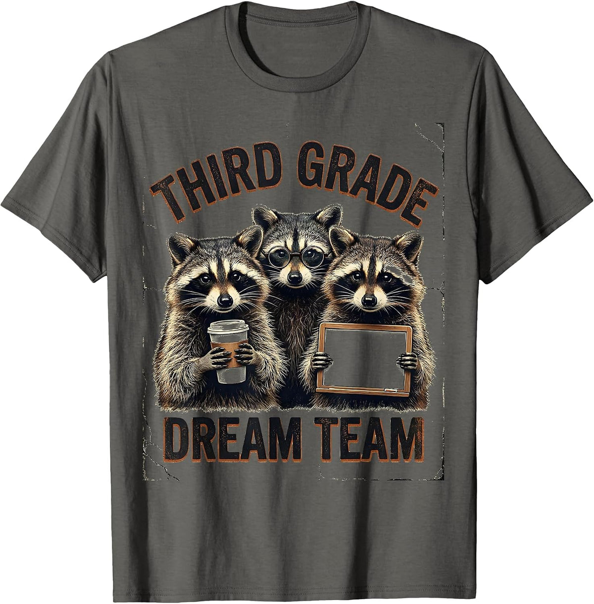 Men's Third Grade Dream Team Distressed Raccoon Teacher Back T-Shirt - Asphalt Grey