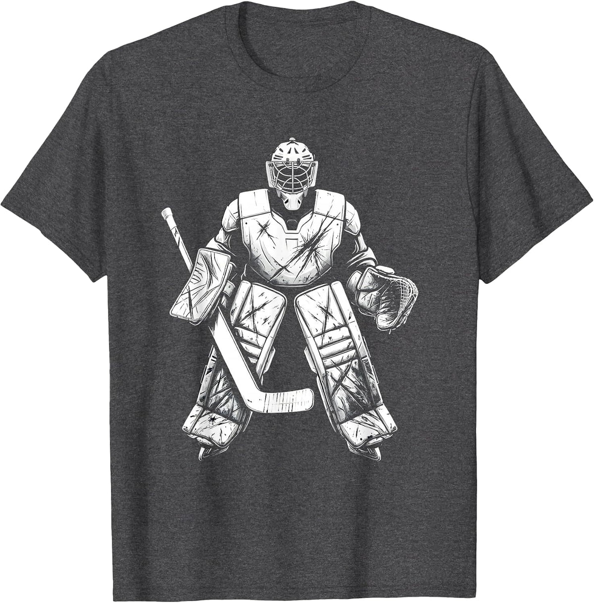 Battle-Worn Goalie Pads Armored Hockey Graphic T-Shirt - Dark Heather Grey