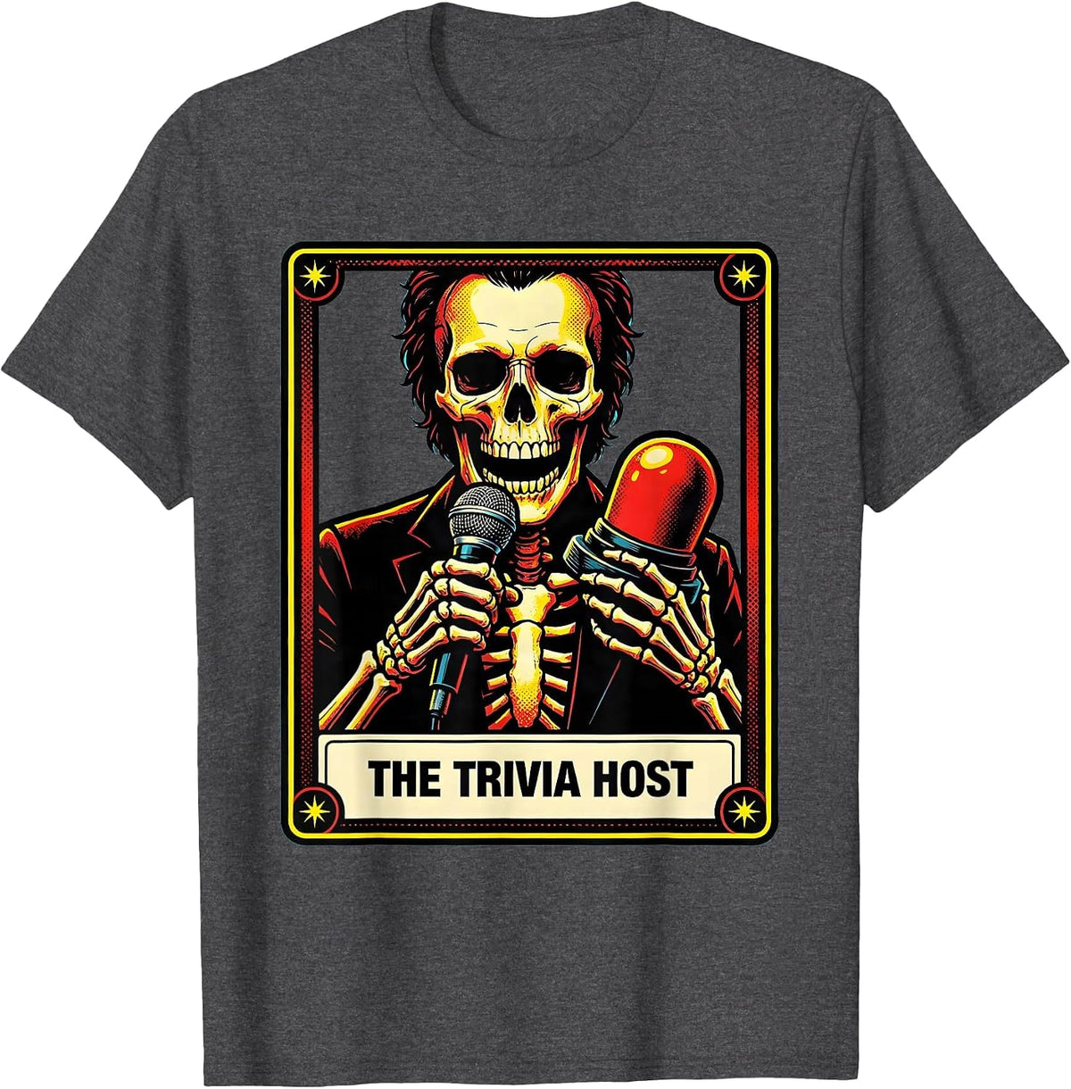 Men's The Trivia Host Pop Art Tarot Card Skeleton Role Humor T-Shirt - Dark Heather Grey