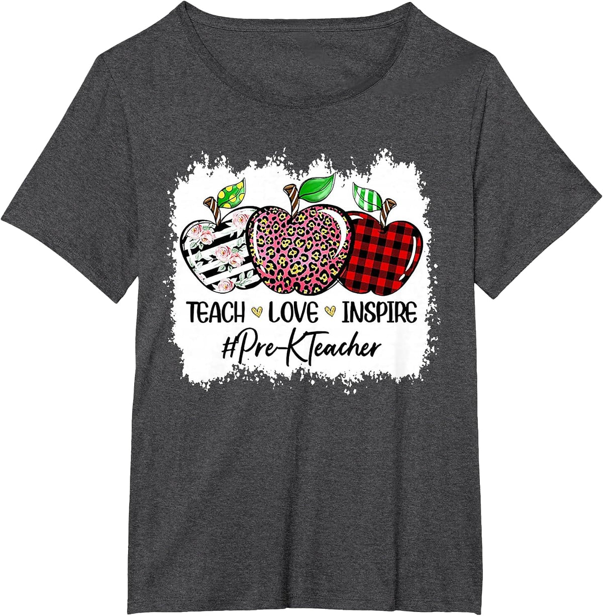 Teach Love Inspire Pre-k Teacher Apple Leopard Red Plain T-Shirt - Dark Heather Grey
