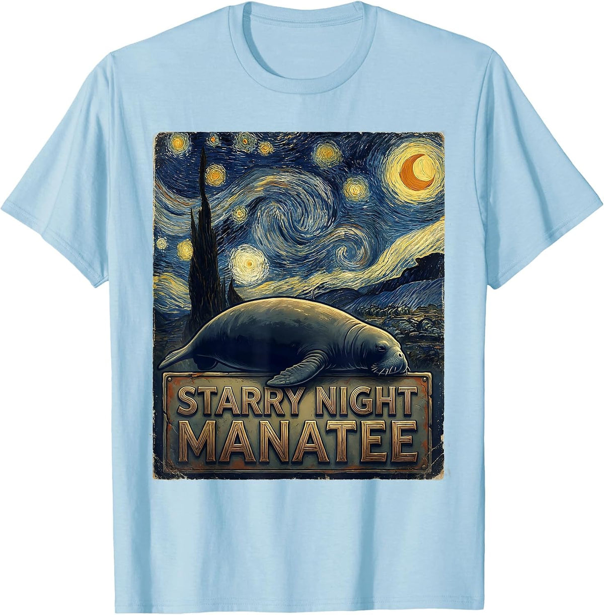 Men's Starry Night Manatee Vintage Art Animal Lover Gift T-Shirt - Baby Blue
