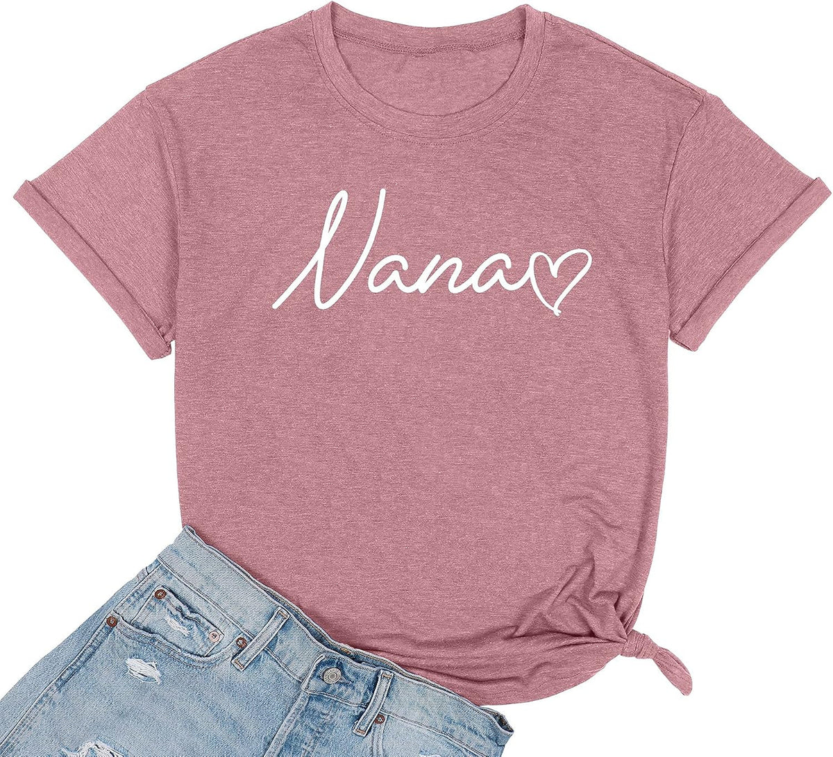 Nana T Shirt Women Funny Letter Print Love Heart Graphic Grandma Gift Tops Tees Casual Short Sleeve Shirts Top - Pink