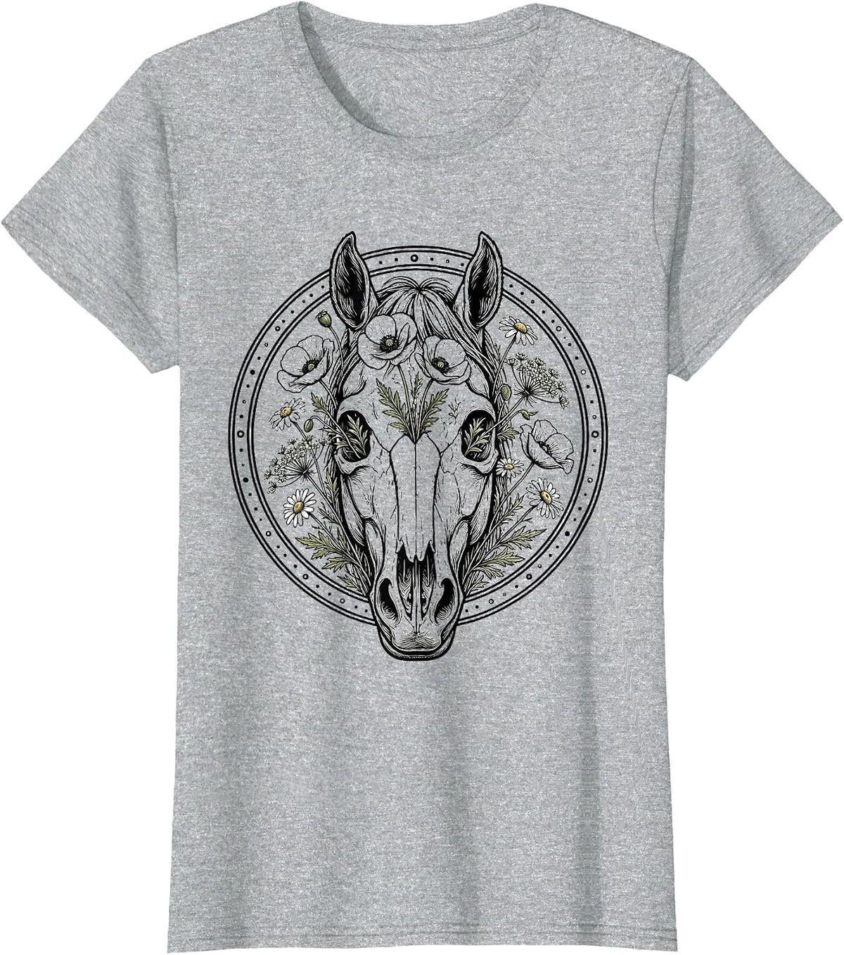 Horse Skull Wildflowers Floral Gothic Nature Art T-Shirt - Heather Grey