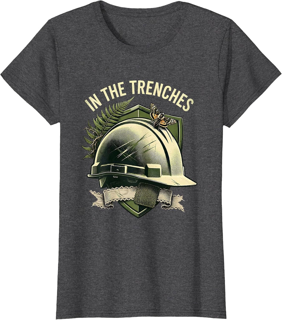 Women's In the Trenches Football Lineman Shield Design T-Shirt - Dark Heather Grey