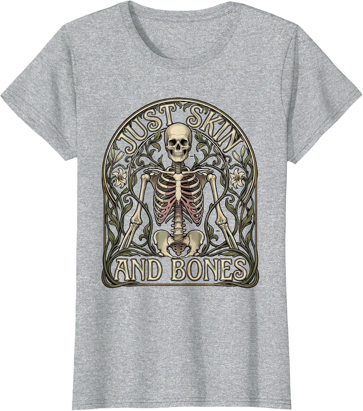 Women's Just Skin and Bones Skeleton Graphic Design T-Shirt - Heather Grey