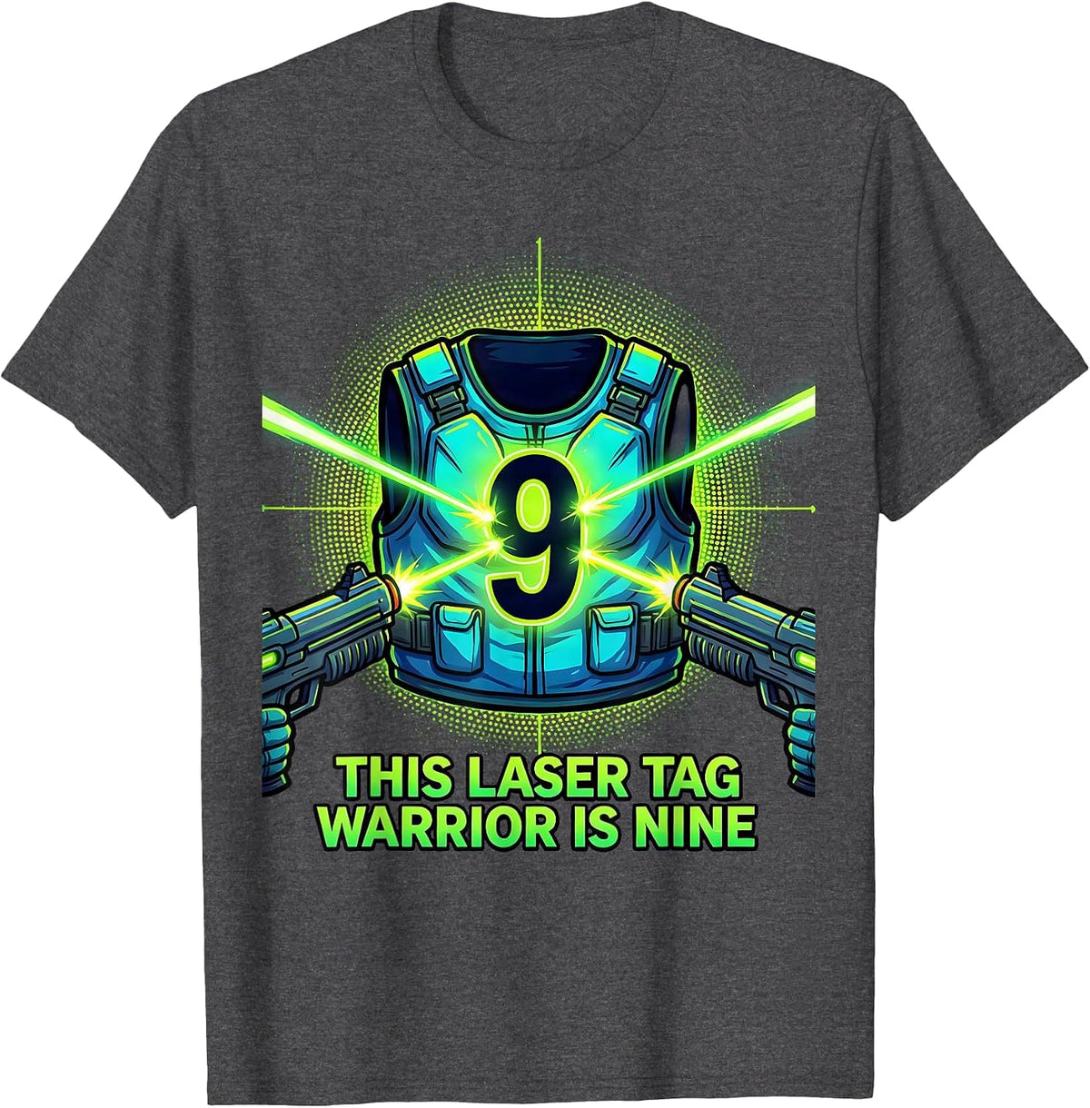 This Laser Tag Warrior Is Nine Cartoon Birthday Boy T-Shirt - Dark Heather Grey
