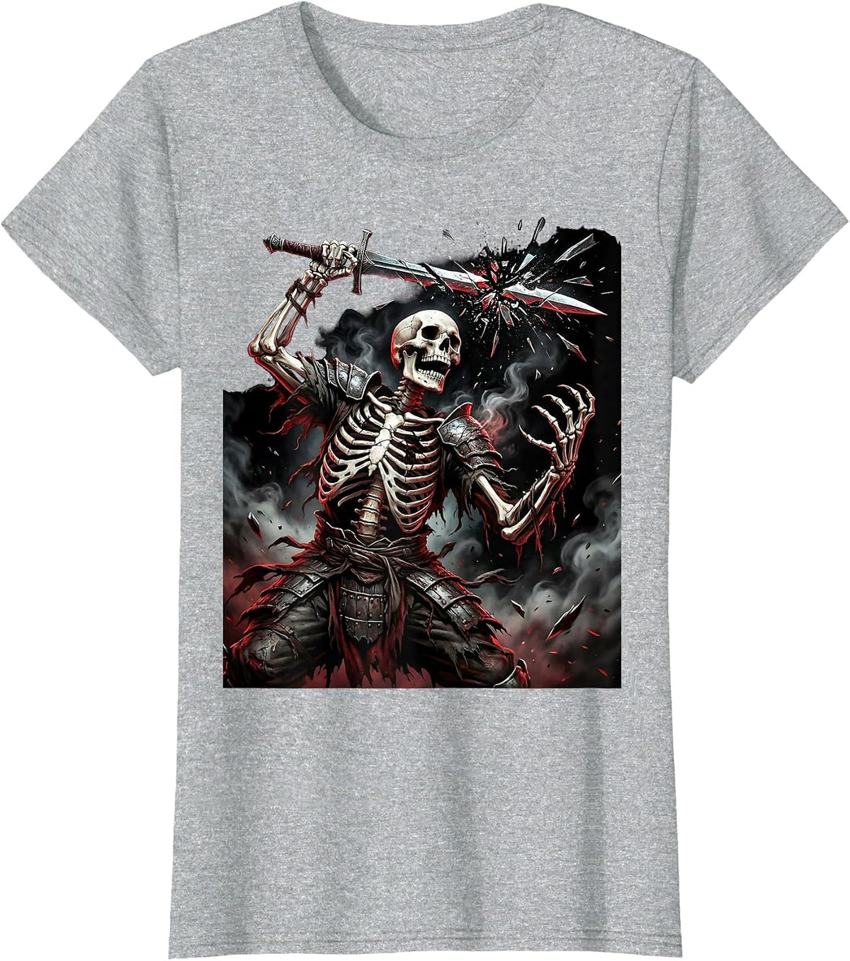 Skeleton Warrior Broken Sword Death Metal Art T-Shirt - Heather Grey