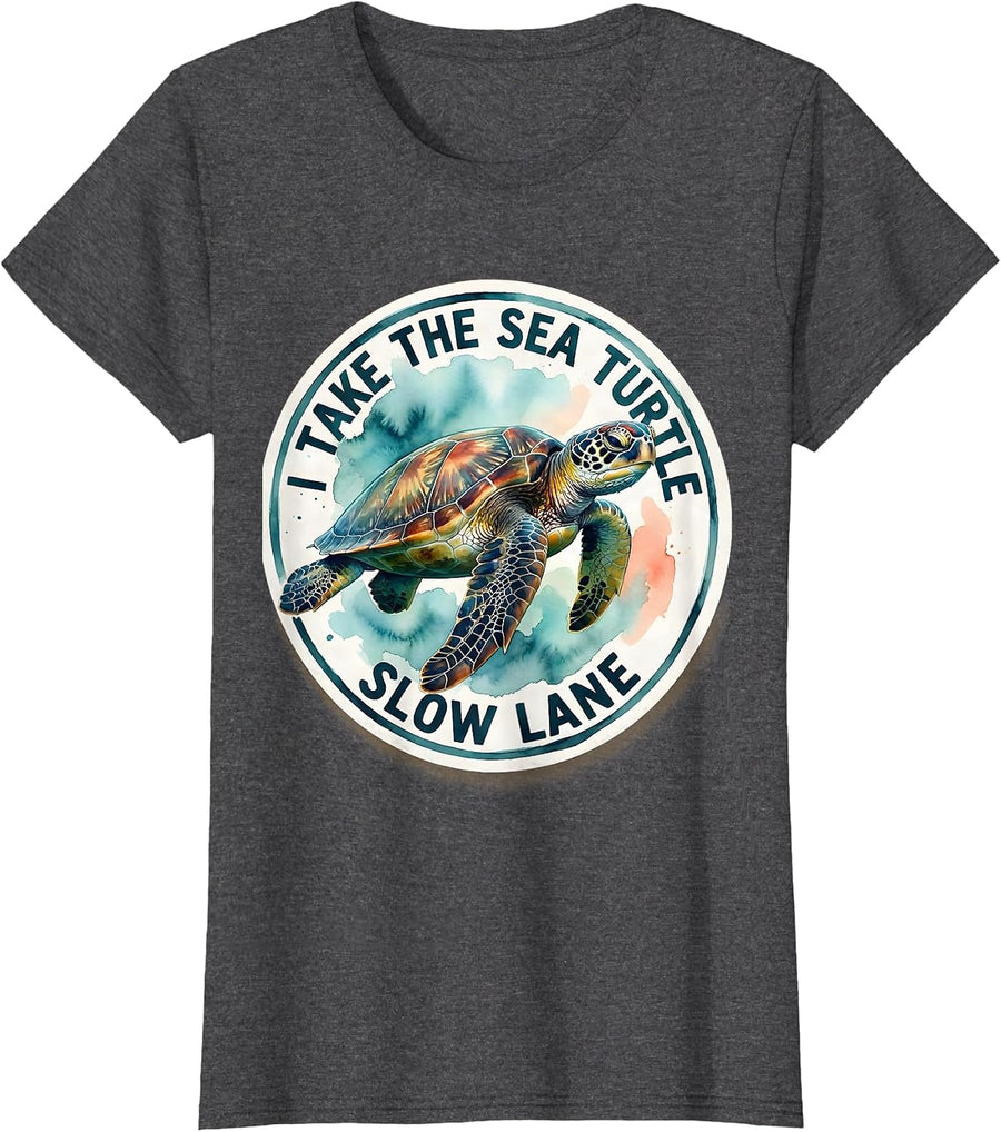 Women's I Take The Sea Turtle Slow Lane Watercolor Ocean Animal T-Shirt - Dark Heather Grey