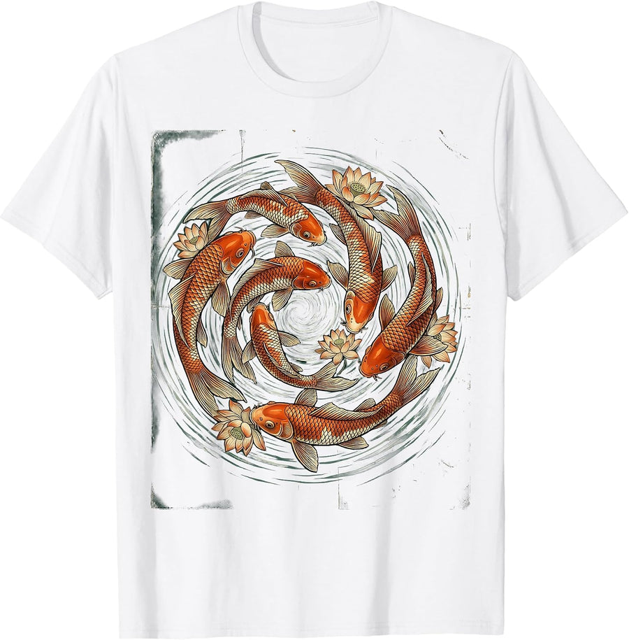 Men's Seven Koi Fish Spiral Art Design T-Shirt - White