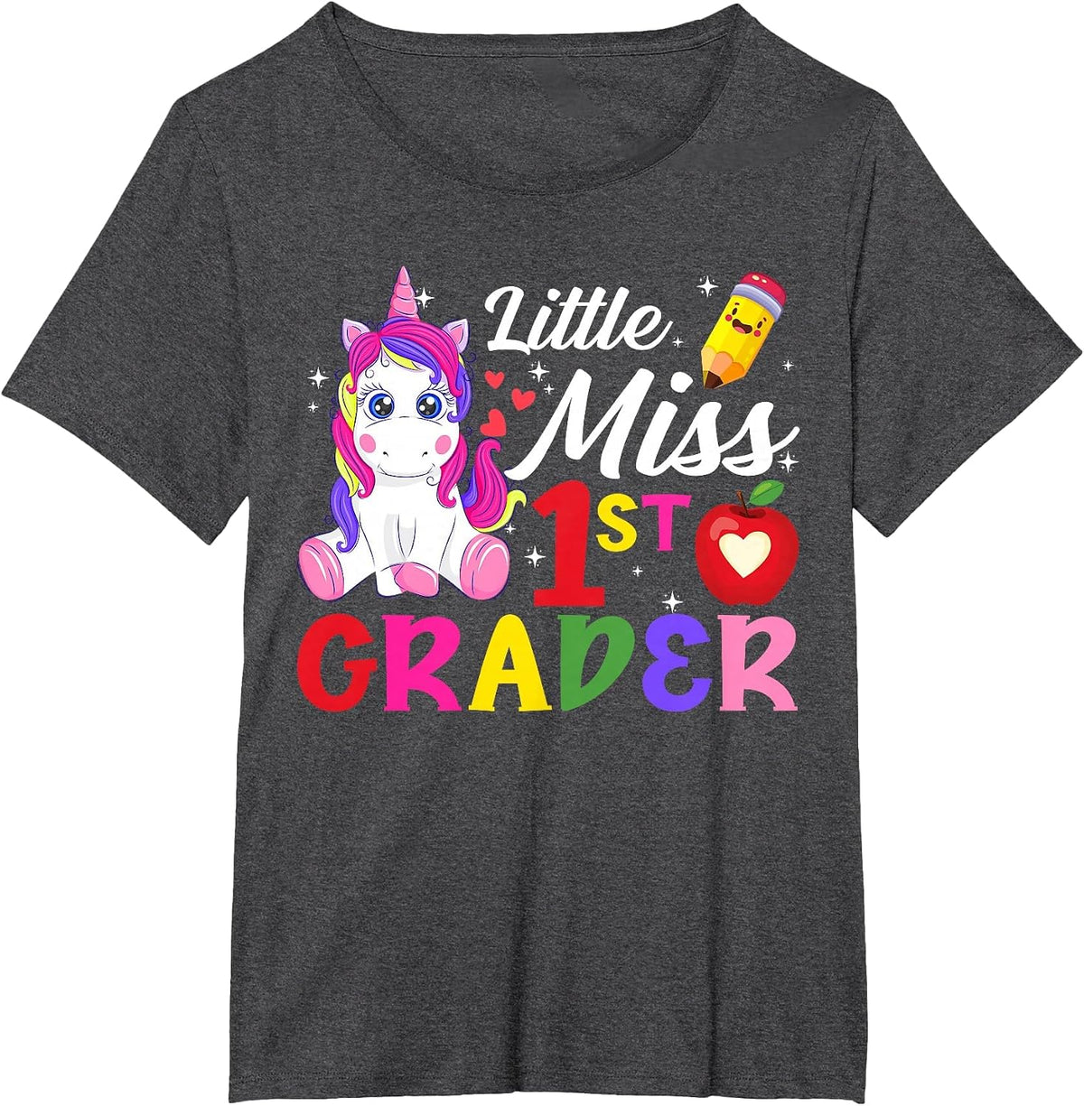 Funny Little Miss First Grader Unicorn First Day of School T-Shirt - Dark Heather Grey
