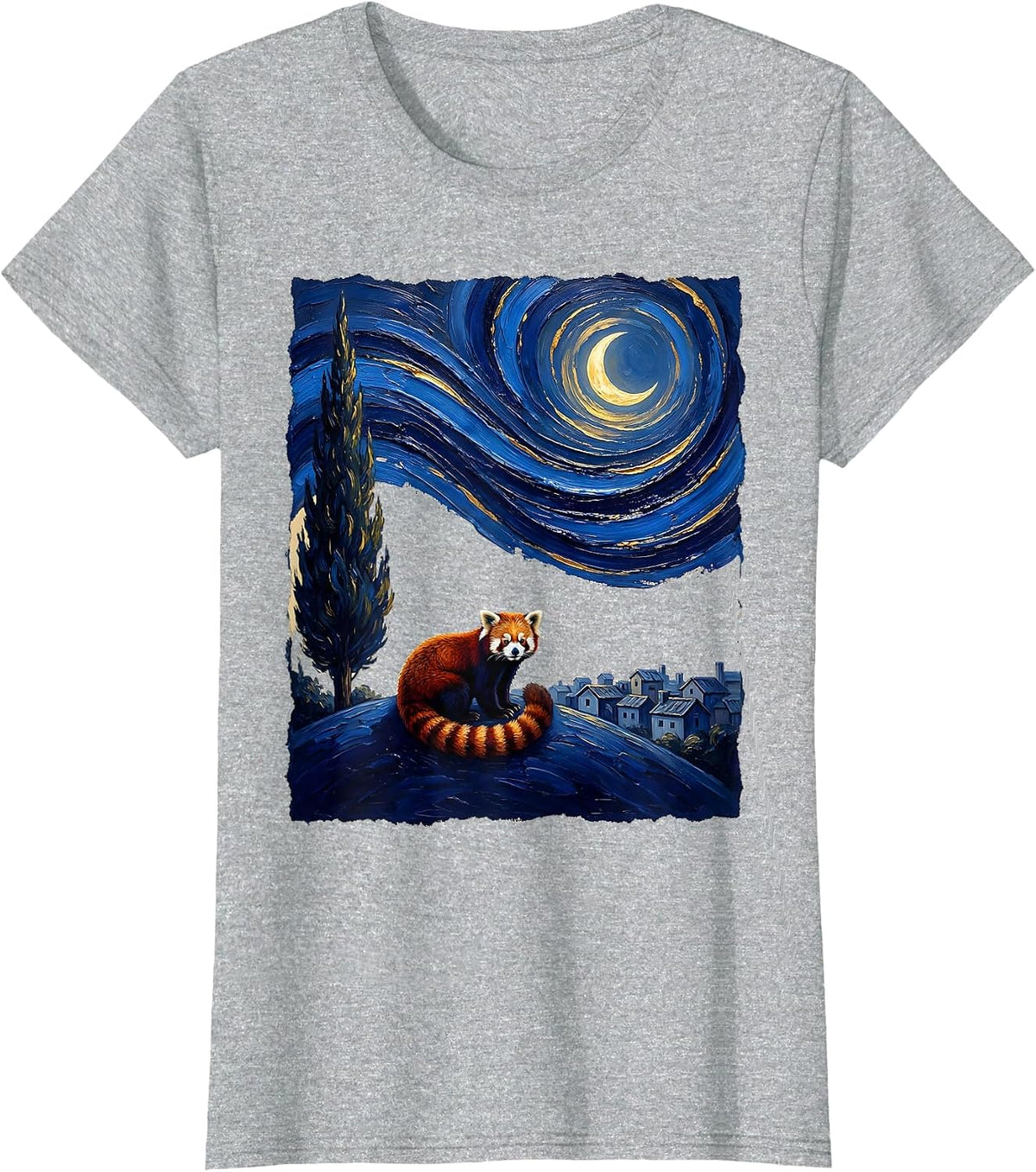 Women's Red Panda Starry Night Van Gogh Animal Lover Art T-Shirt - Heather Grey