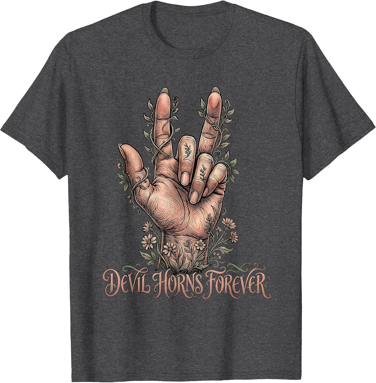 Devil Horns Forever Heavy Metal Design T-Shirt - Dark Heather Grey