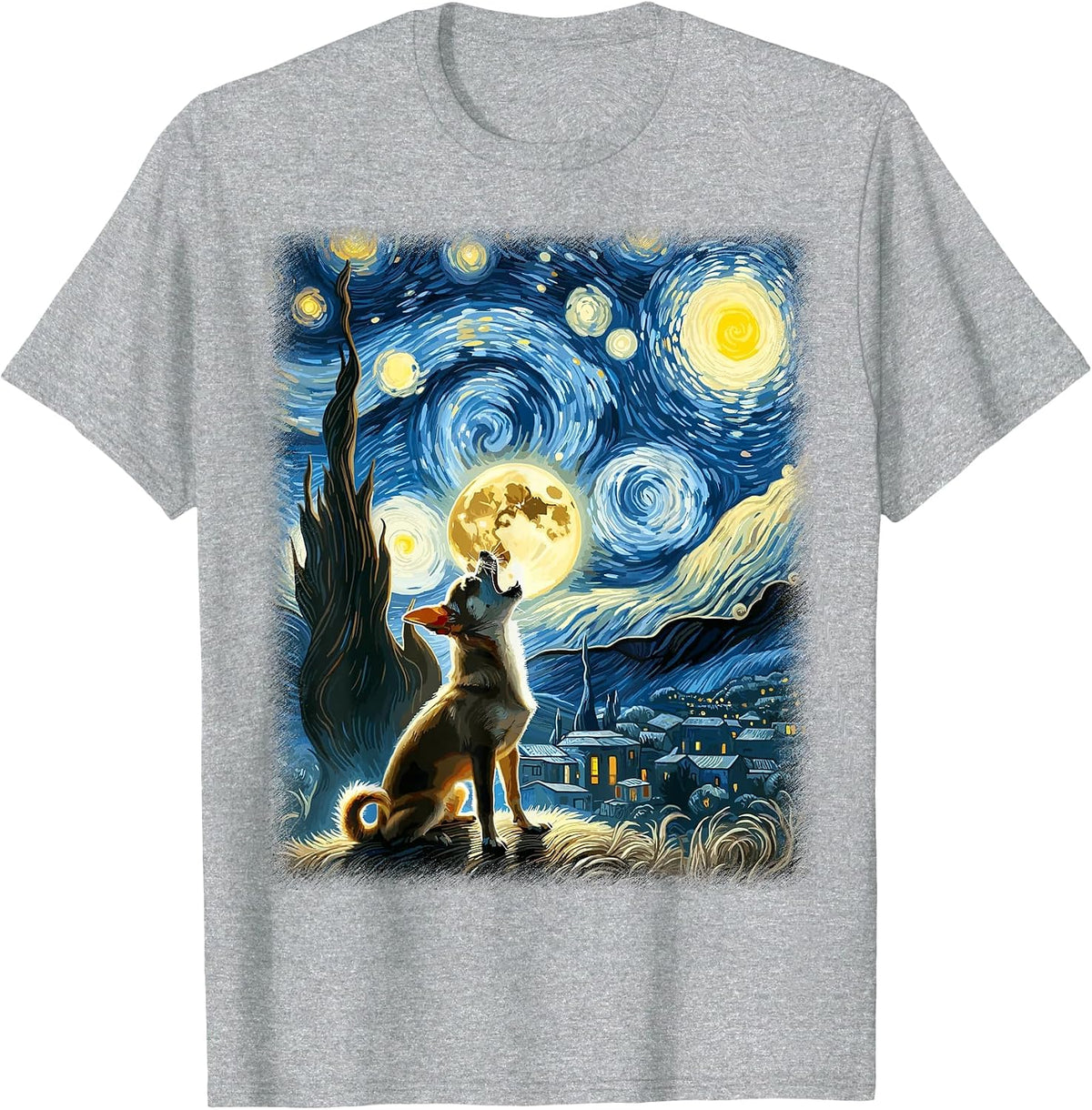 Howling Moon Artistic Pet Lover Scene Starry Night Chihuahua T-Shirt - Heather Grey