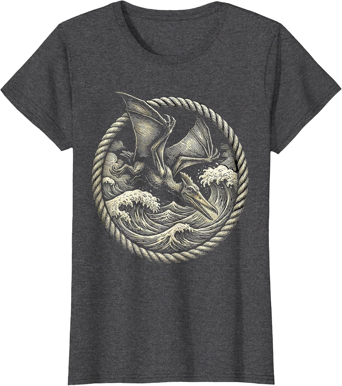 Women's Pterodactyl Diving Over Crashing Ocean Waves T-Shirt - Dark Heather Grey