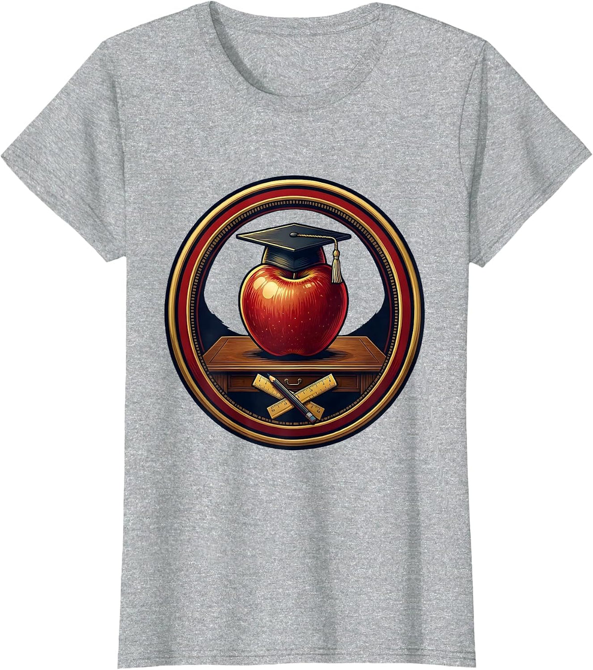 Women's Preschool Teacher Apple Graduation Cap Desk Art T-Shirt - Heather Grey