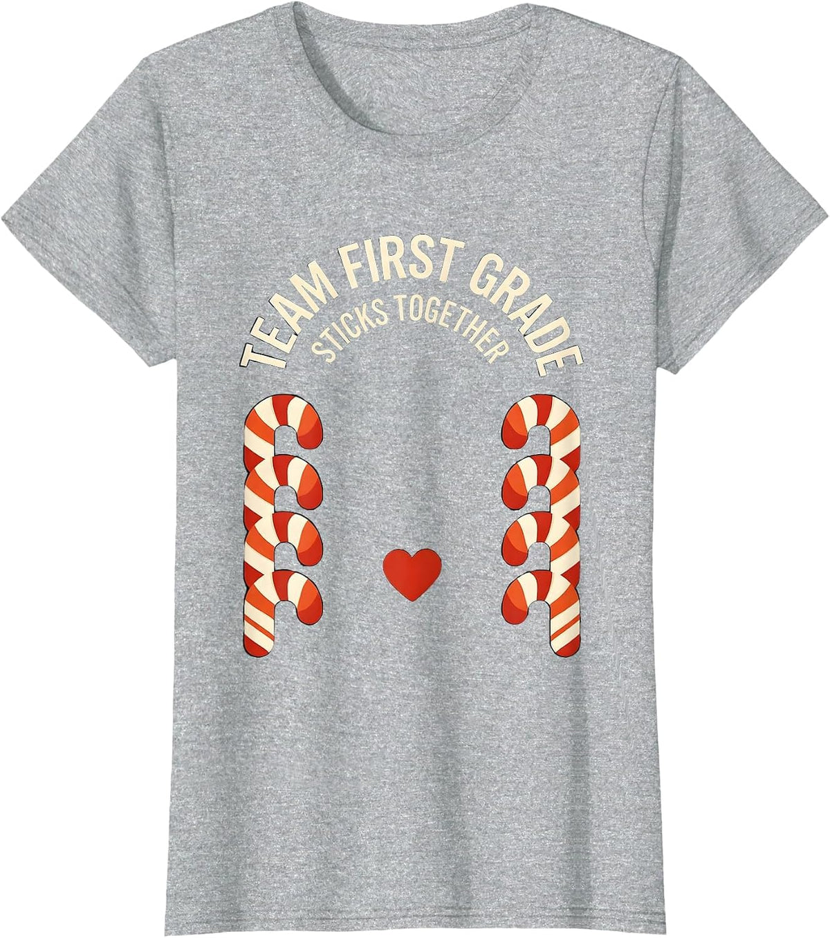 Women's Team First Grade Sticks Together Christmas Candy Cane T-Shirt - Heather Grey