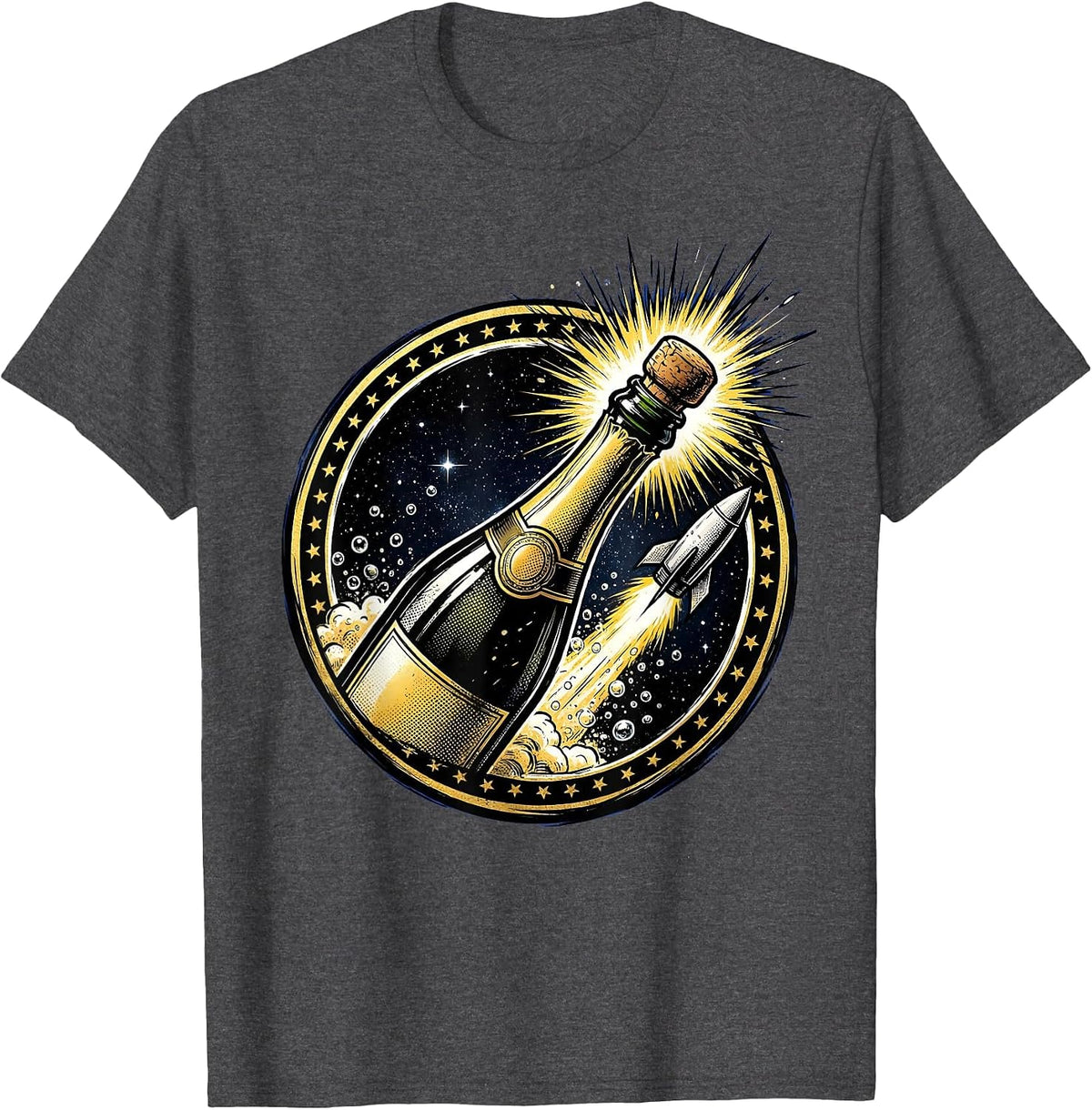Champagne Cork Blasting Into Outer Space Graphic T-Shirt - Dark Heather Grey