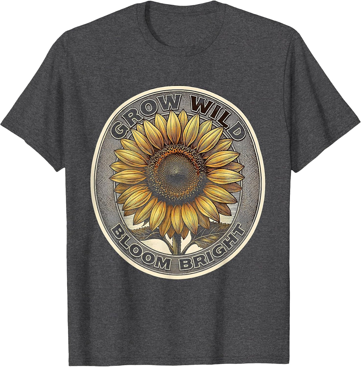 Grow Wild Bloom Bright Sunflower Design T-Shirt - Dark Heather Grey