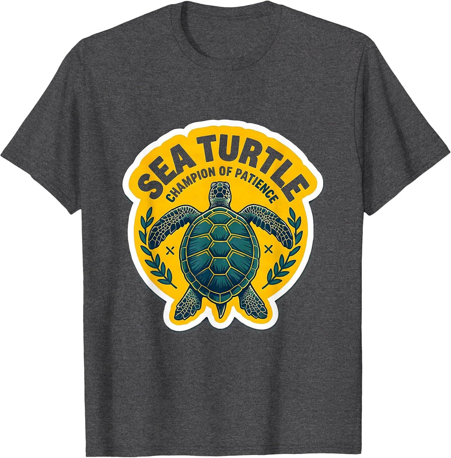 Men's Sea Turtle Champion of Patience Funny Turtle Lover Sticker T-Shirt - Dark Heather Grey