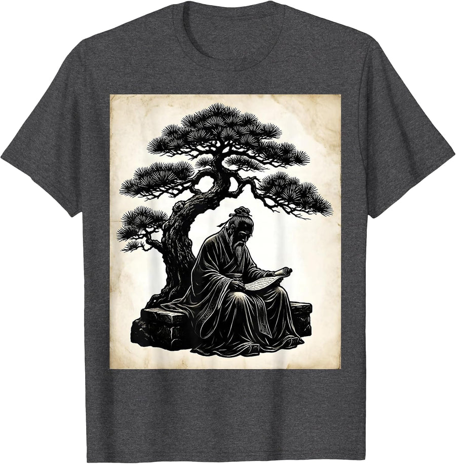 Men's Confucian Scholar Studying Scrolls Under Pine Tree T-Shirt - Dark Heather Grey