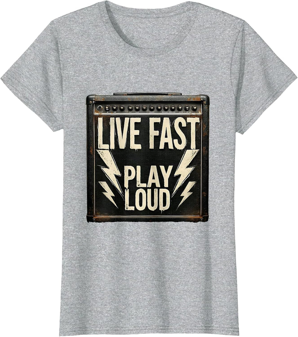 Women's Live Fast Play Loud Heavy Metal Graphic Design T-Shirt - Heather Grey