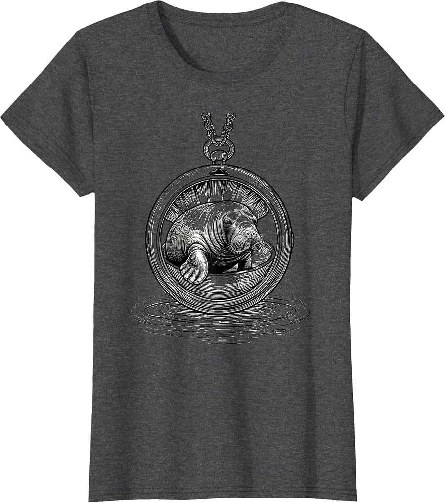 Women's Manatee Portrait Locket Whimsical Sea Animal Lover Gift T-Shirt - Dark Heather Grey