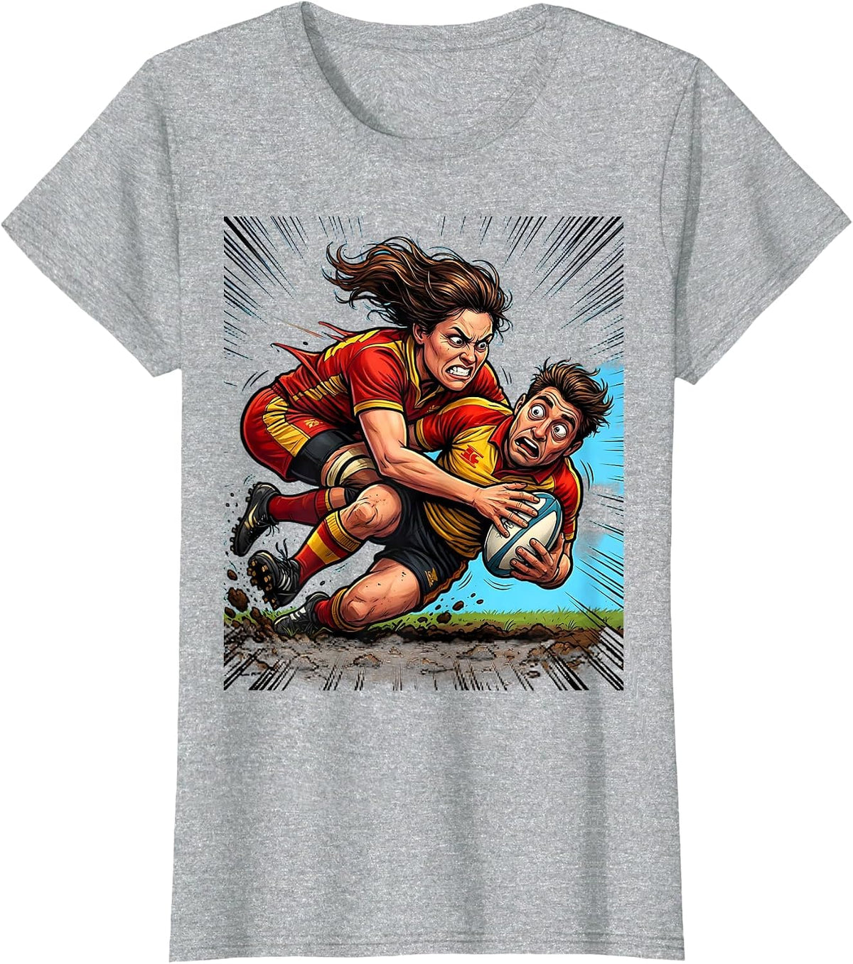 Women's Rugby Tackle Illustration Graphic Design T-Shirt - Heather Grey