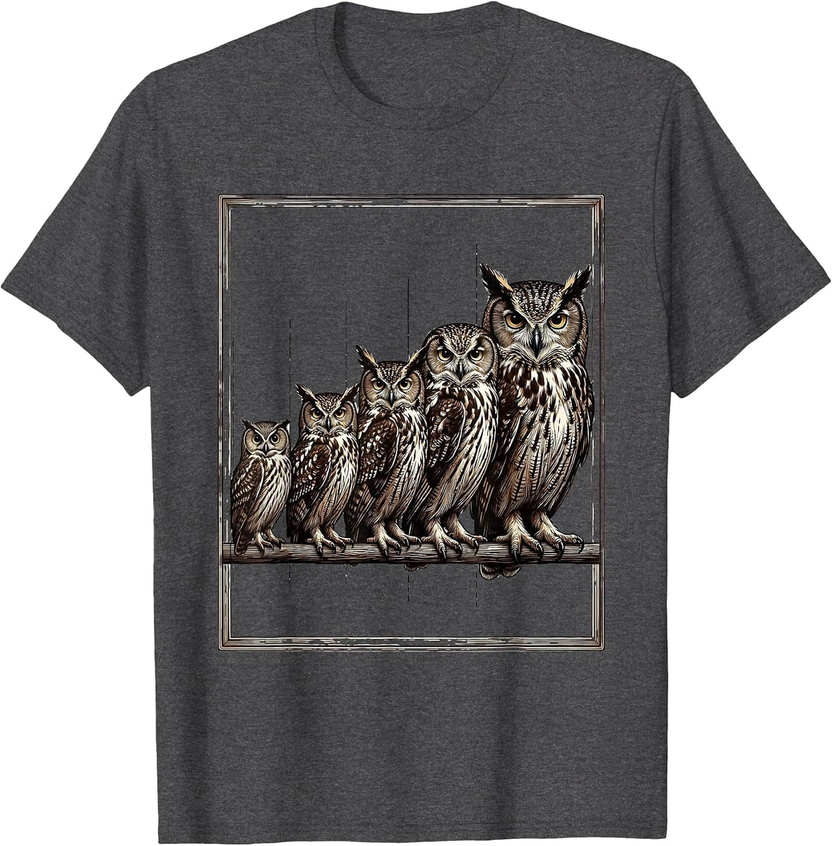 Men's Five Owl Silhouettes Crosshatch Etching Bird Lover Gift T-Shirt - Dark Heather Grey
