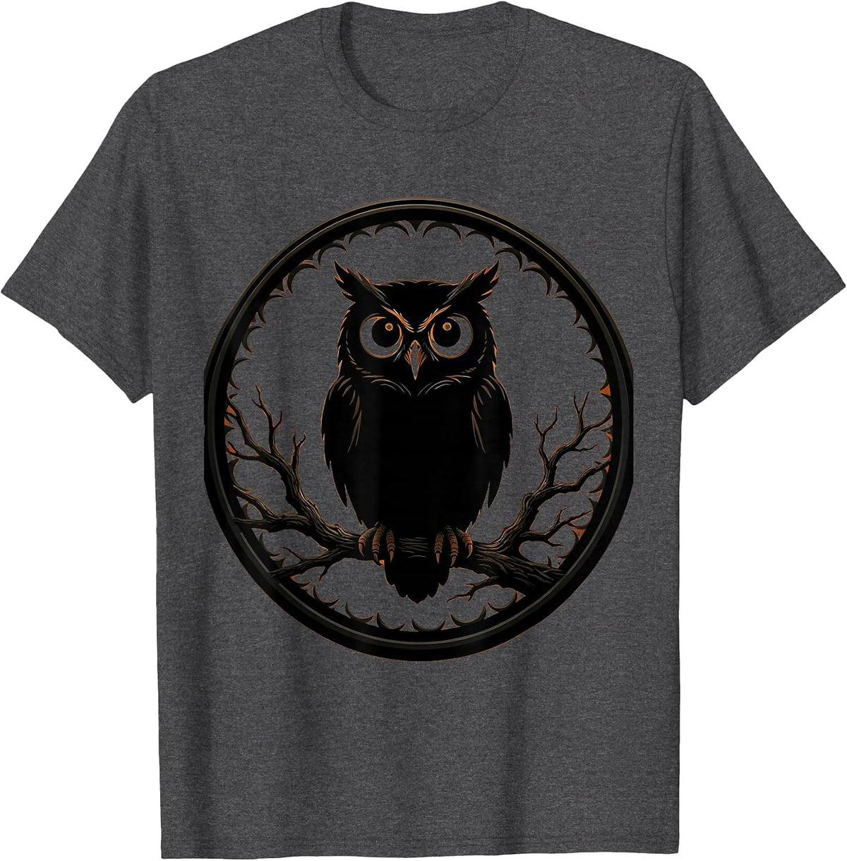Halloween Owl Glowing Eyes Bare Branch Illustration T-Shirt - Dark Heather Grey