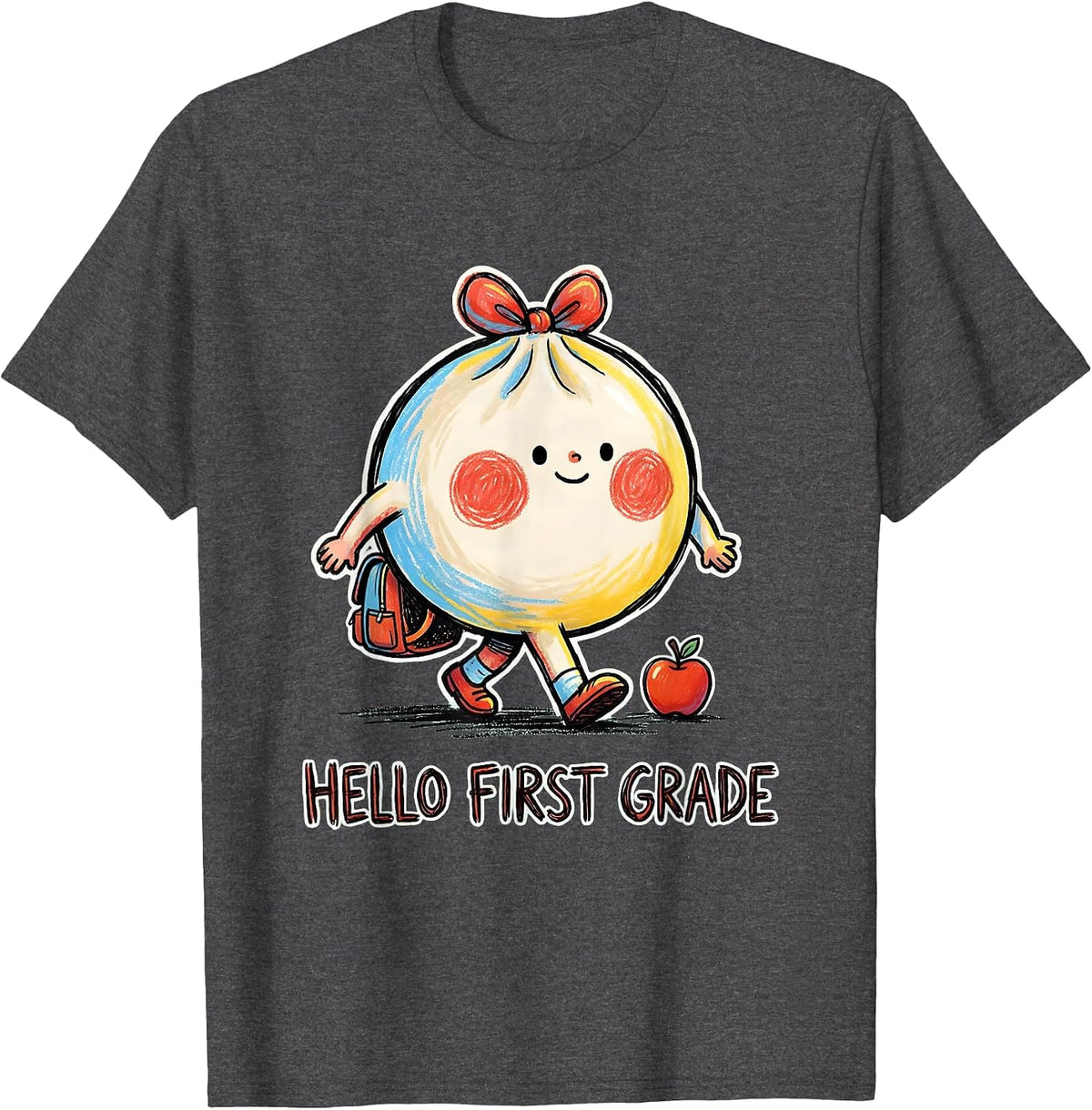 Hello First Grade Cute Dumpling Girl Teacher Back to School T-Shirt - Dark Heather Grey
