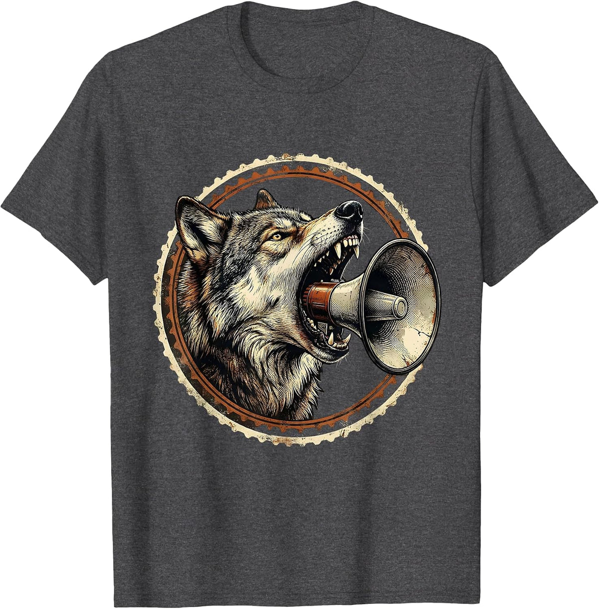 Wolf Howling Megaphone Rock and Roll Graphic T-Shirt - Dark Heather Grey