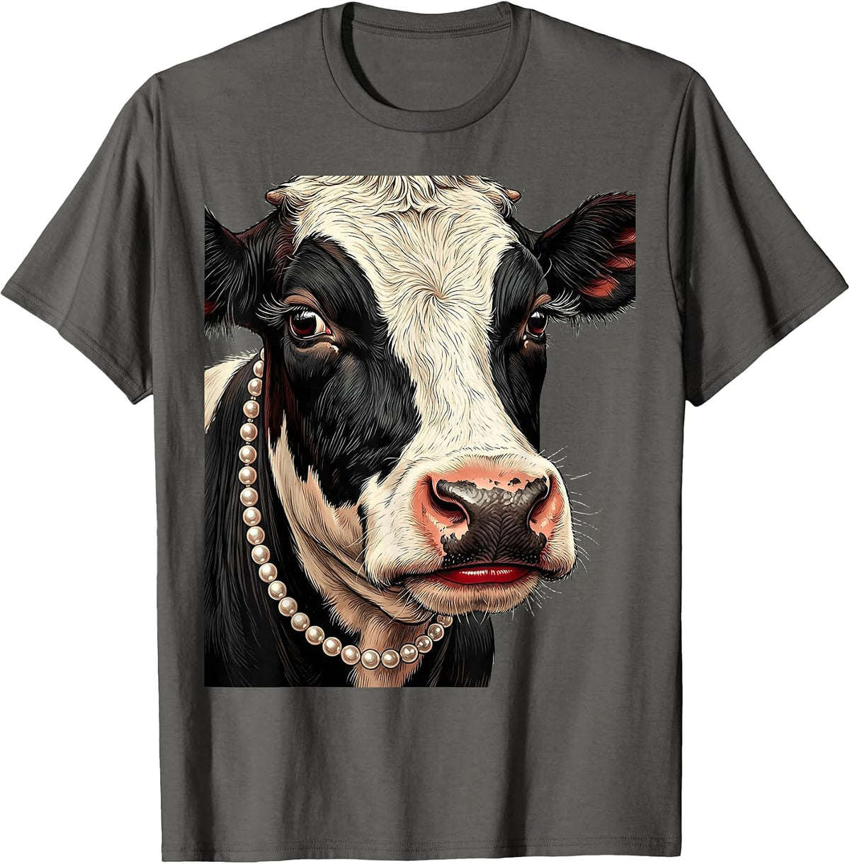 Glamorous Cow Pearl Necklace and Lipstick Design T-Shirt - Asphalt Grey