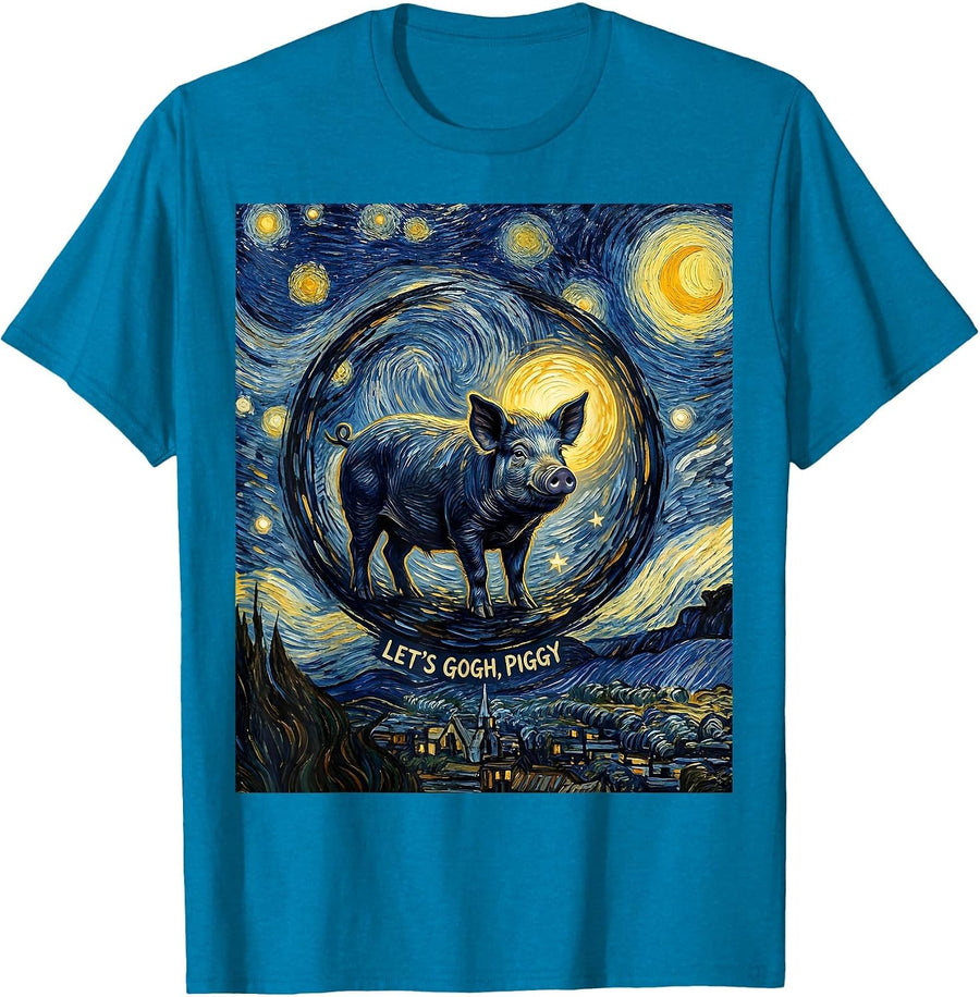 Let's Gogh Piggy Van Gogh Starry Night Animal Lover Humor T-Shirt - Sapphire Blue