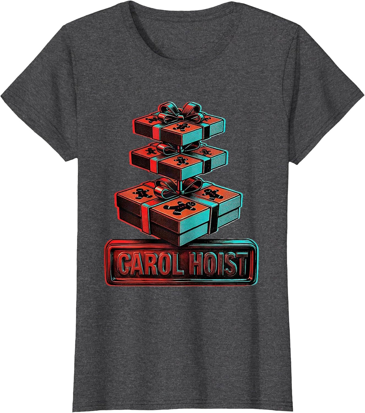 Women's Carol Hoist Pop Art Christmas Gingerbread Gym Weightlifting T-Shirt - Dark Heather Grey