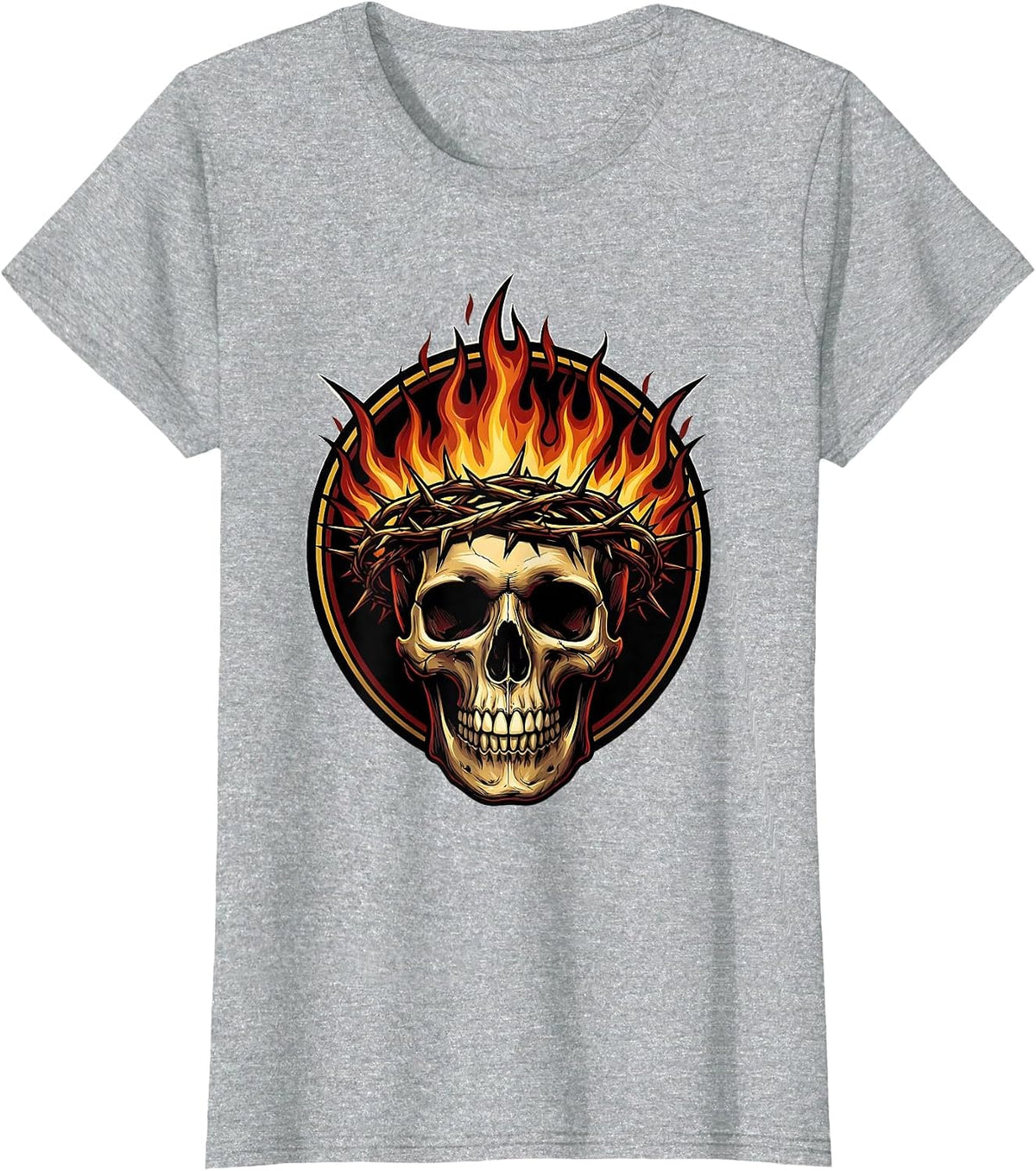 Skull Burning Crown of Thorns Gothic Art T-Shirt - Heather Grey