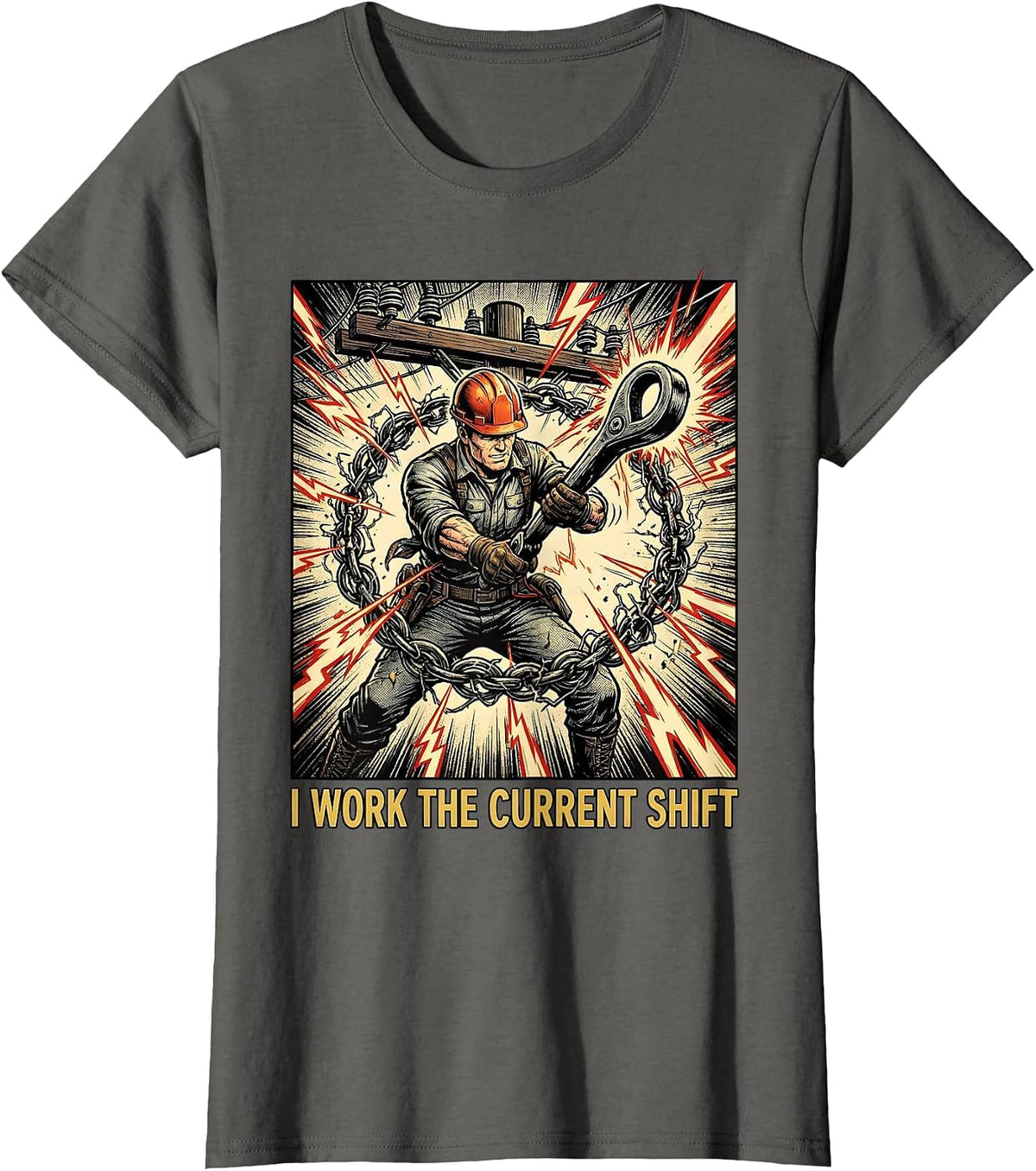 Women's I Work The Current Shift Funny Electrician Lineman Dark T-Shirt - Asphalt Grey