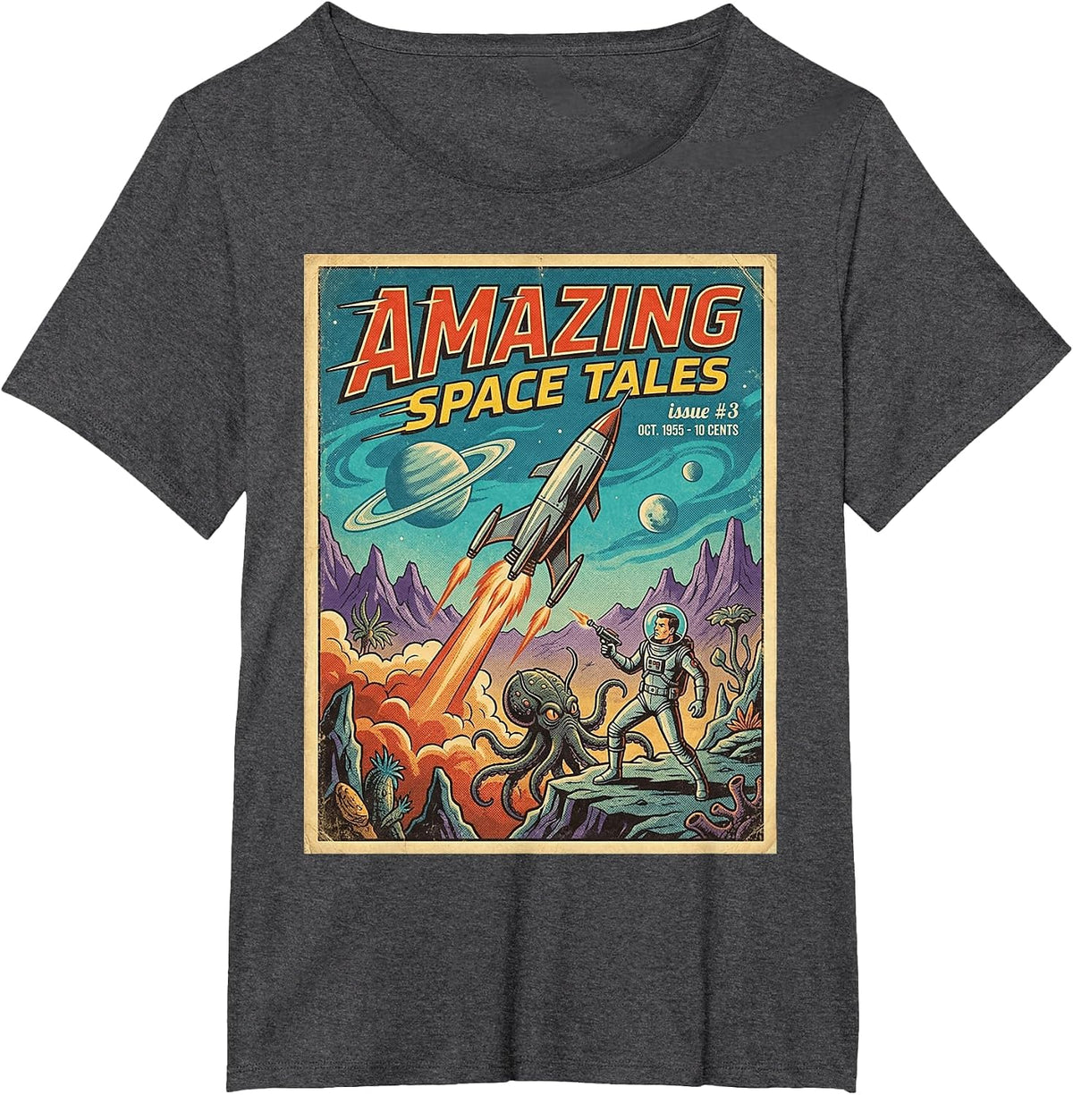 Vintage Sci-Fi Magazine Cover Amazing Space Tales Retro T-Shirt - Dark Heather Grey