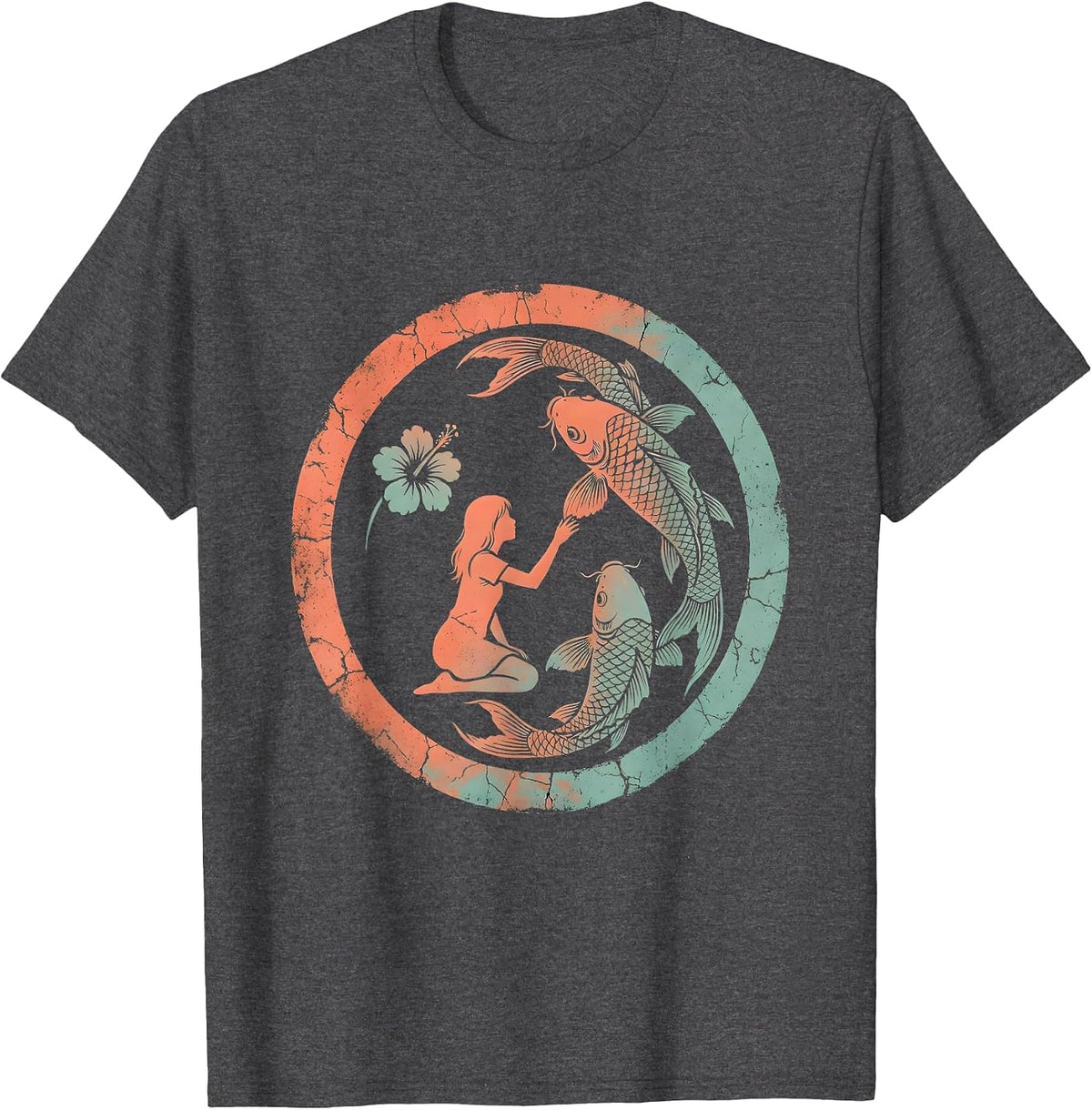 Girl Feeding Koi Fish Garden Pond Hawaiian T-Shirt - Dark Heather Grey
