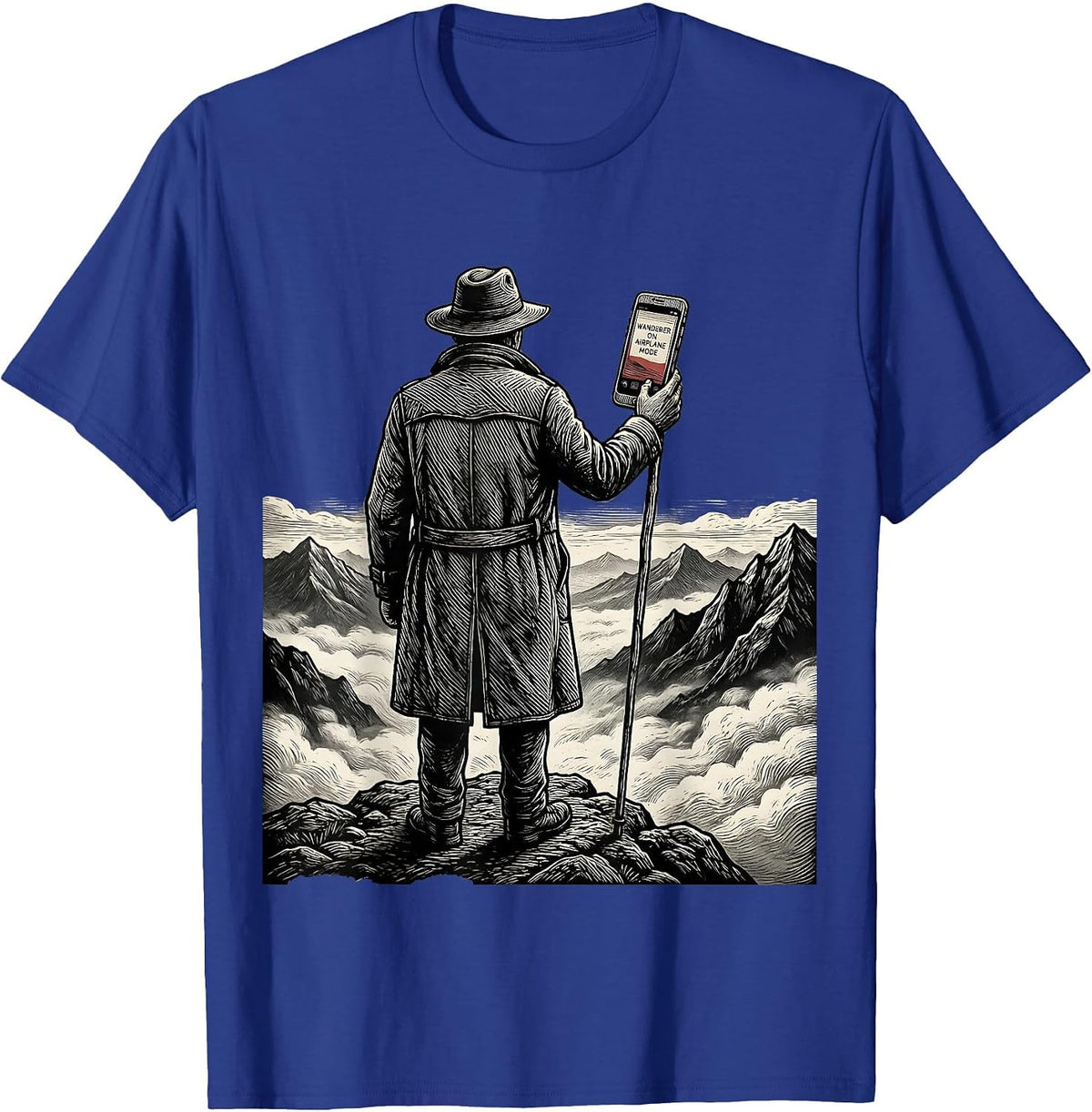 Men's Wanderer On Airplane Mode Woodcut Engraving Art History T-Shirt - Royal Blue